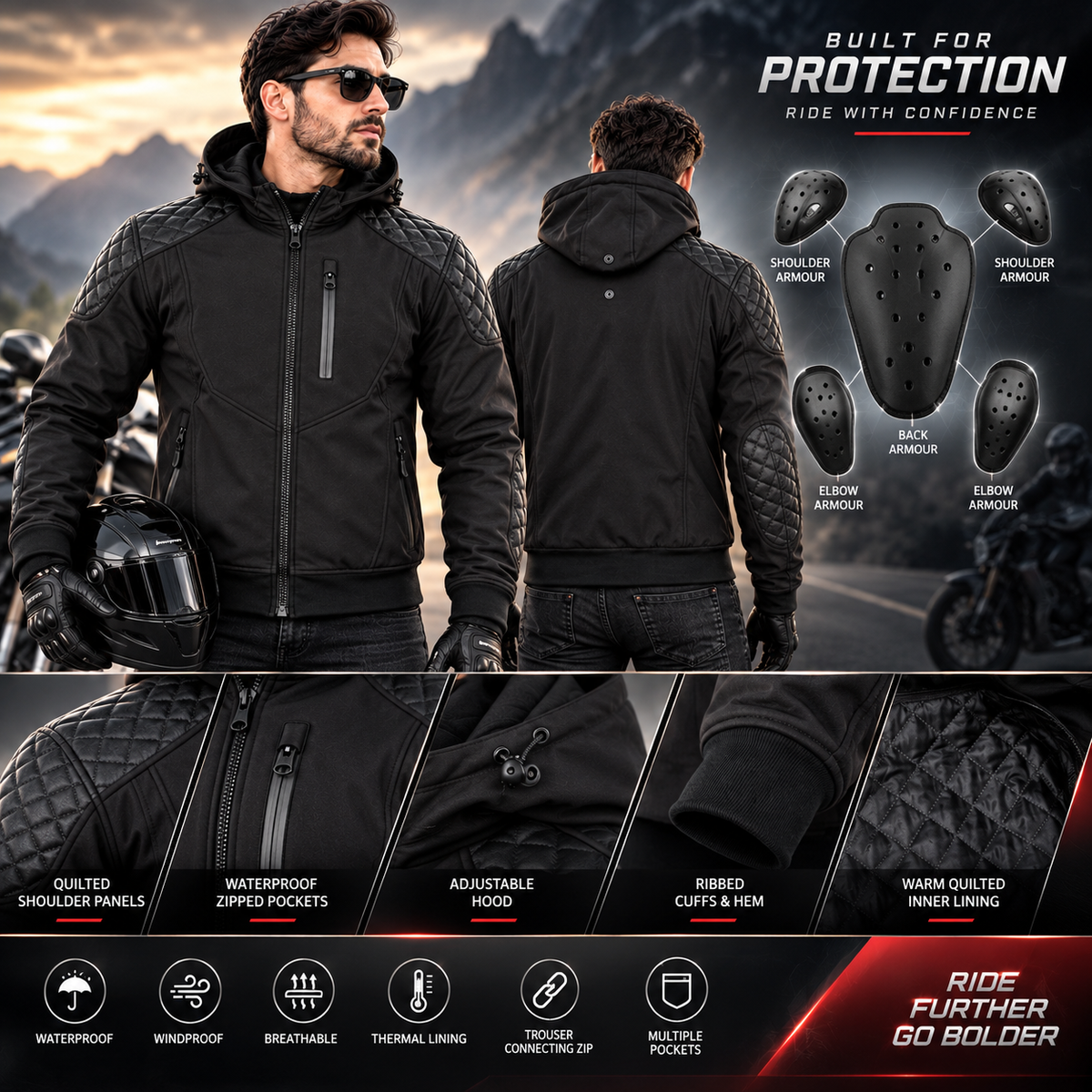 RK Sports CE Armor Soft Shell Armoured Motorcycle Hoodie