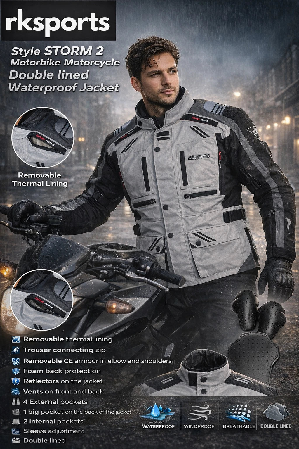 RKSports Style Storm 2 Motorcycle Double Lined Waterproof Jacket