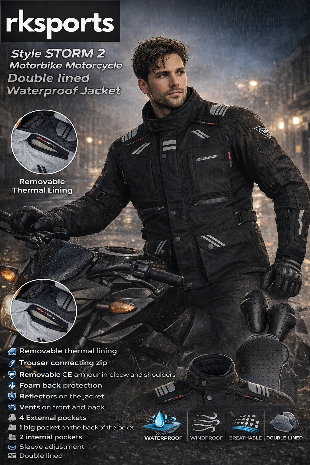 RKSports Style STORM 2 Motorbike Motorcycle  Double lined Waterproof Jacket