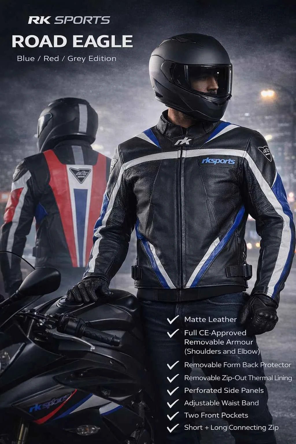 Rk Sports Road Eagle Blue Leather Motorcycle Jacket