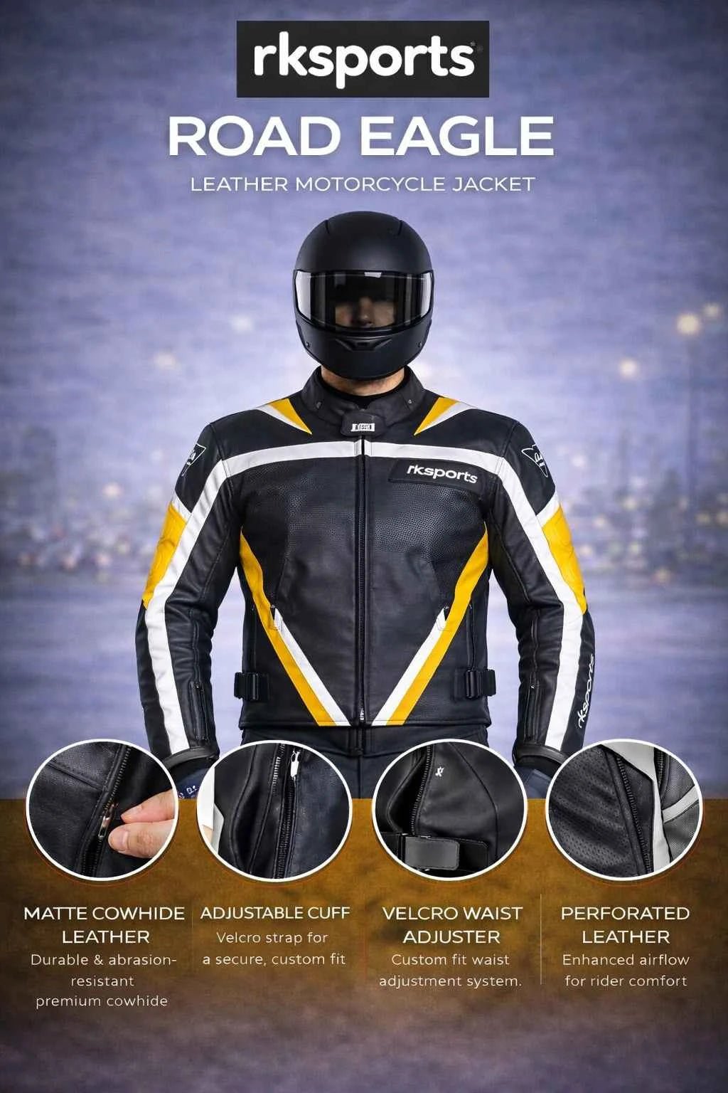 Rk Sports Road Eagle Yellow Leather Motorcycle Jacket