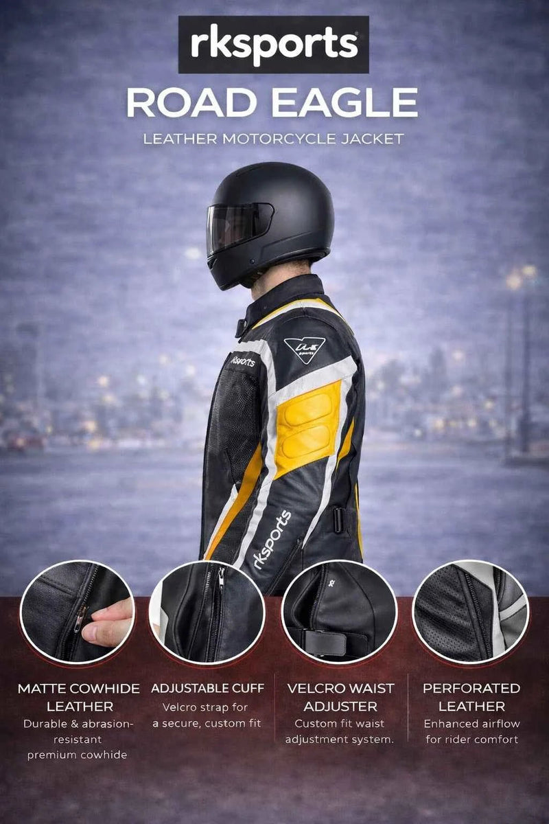 Rk Sports Road Eagle Yellow Leather Motorcycle Jacket