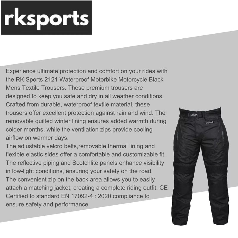 RKSPORTS 2121 WATERPROOF MOTORBIKE MOTORCYCLE BLACK MENS TEXTILE  TROUSERS