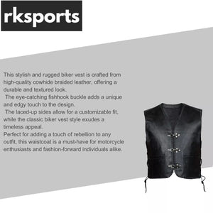 MOTORCYCLE BIKER CLASP FULL LEATHER VEST WAISTCOAT BLACK COWHIDE
