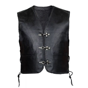 LACE MOTORCYCLE BIKER CLASP FULL LEATHER VEST WAISTCOAT BLACK COWHIDE
