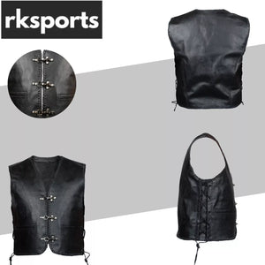 LACE MOTORCYCLE BIKER CLASP FULL LEATHER VEST WAISTCOAT BLACK COWHIDE