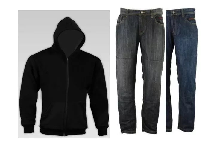 RKSports Motorcycle Motorbike Kevlar Lined Black Hoodie and Protective Jeans
