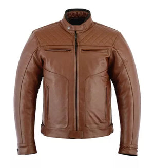 Rksports Diamond Mens Casual Fashion Leather Motorcycle Brown Jacket with Armour