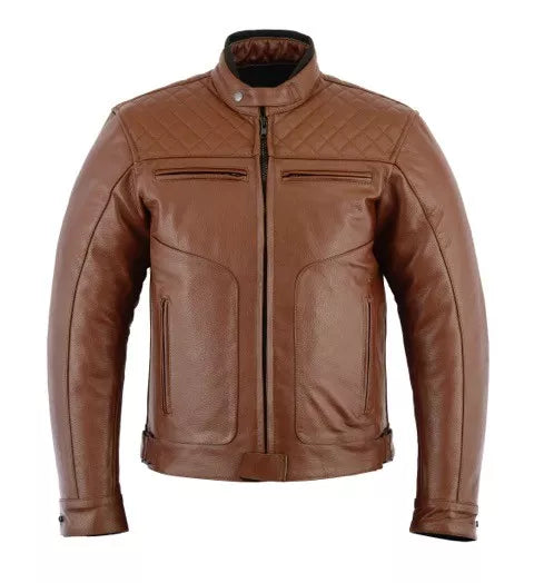 Rksports Diamond Mens Casual Fashion Leather Motorcycle Brown Jacket with Armour