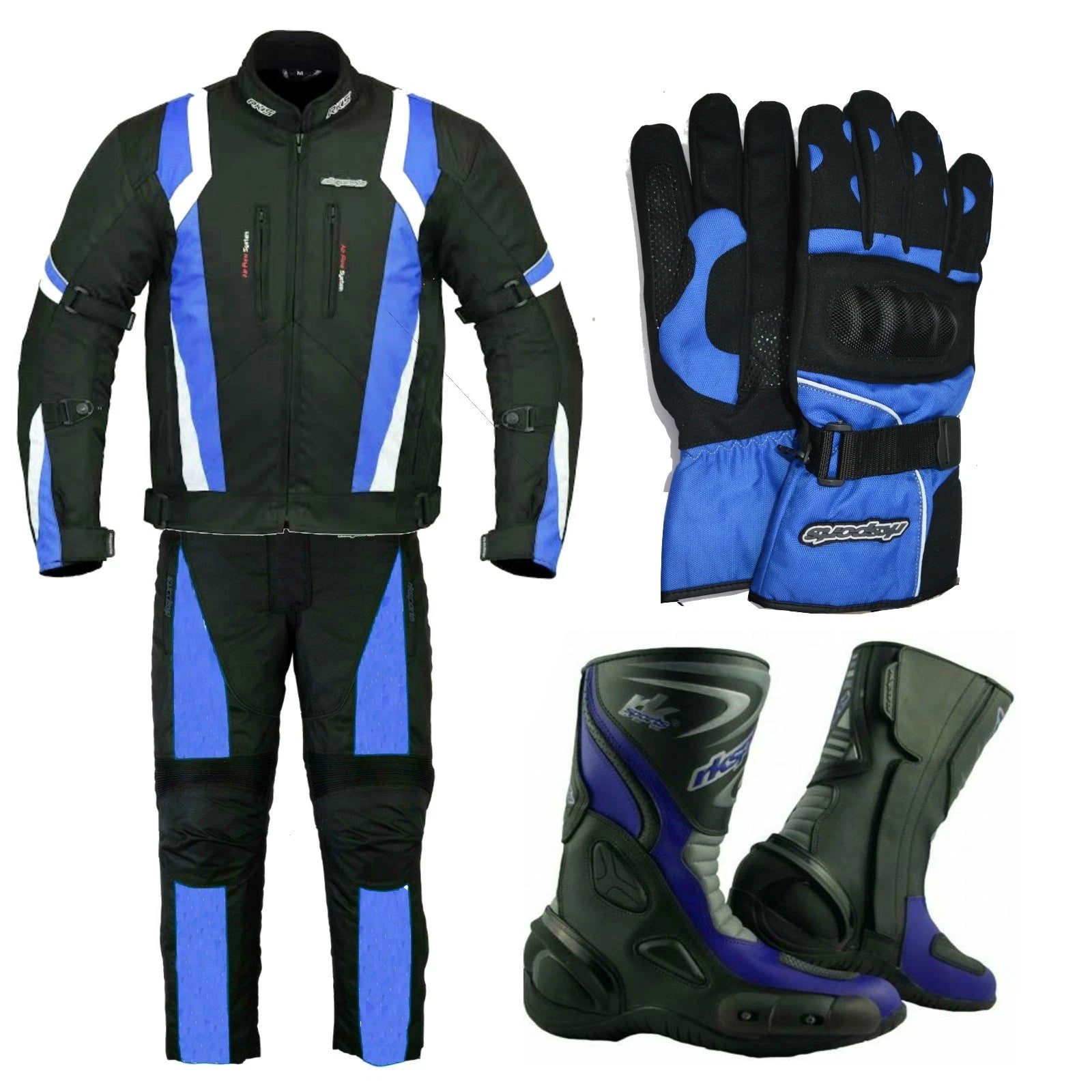 RKSports Motorbike Waterproof Blue Suit Gloves Boots Trousers Jacket CE Mens