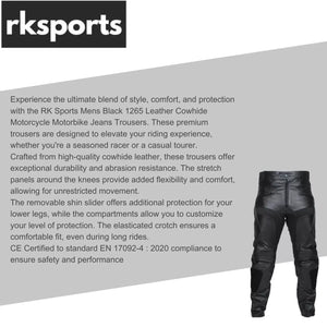 RKSPORTS MENS BLACK 1265 LEATHER COWHIDE MOTORCYCLE MOTORBIKE JEANS TROUSERS