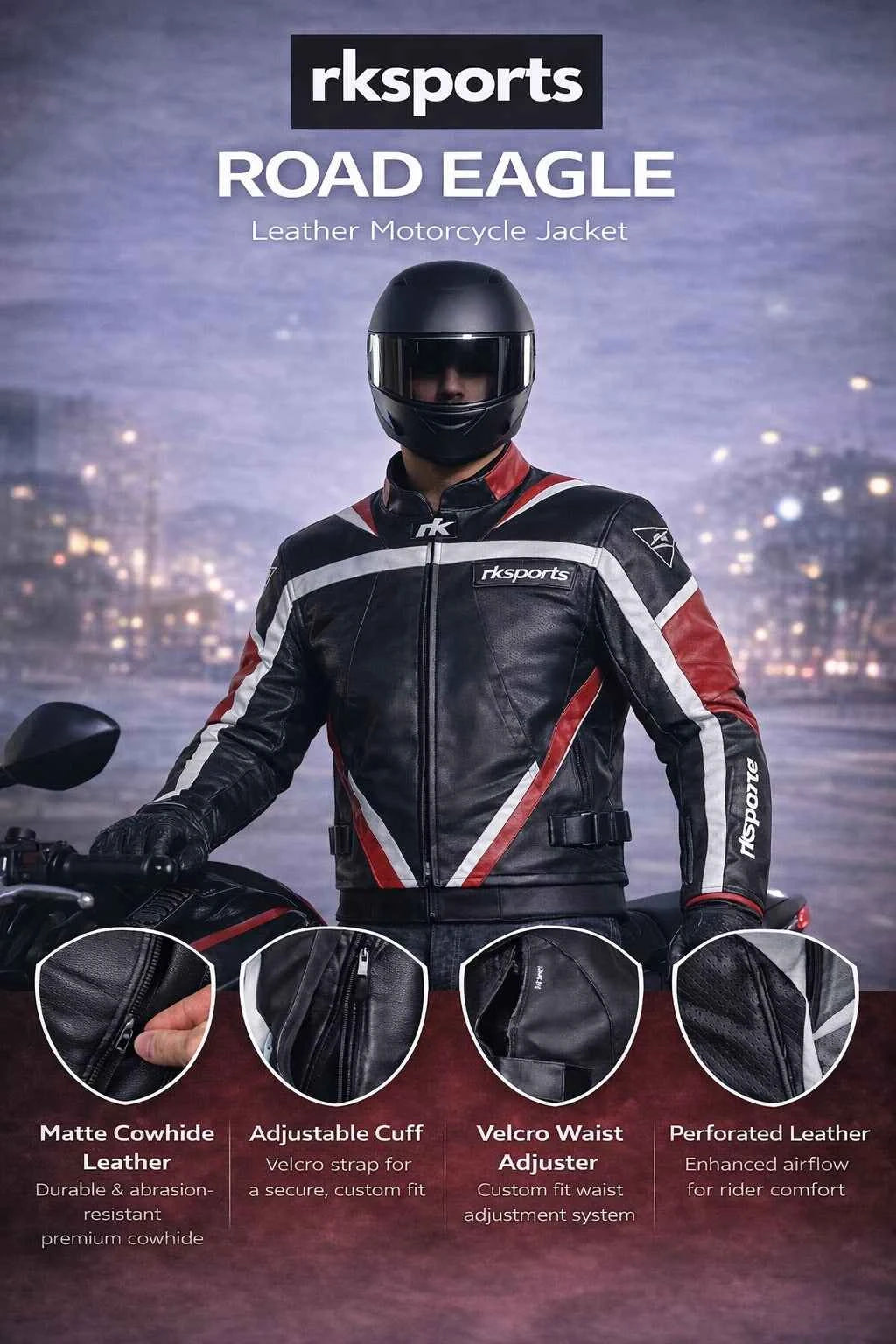 Rk Sports Road Eagle Red Leather Motorcycle Jacket