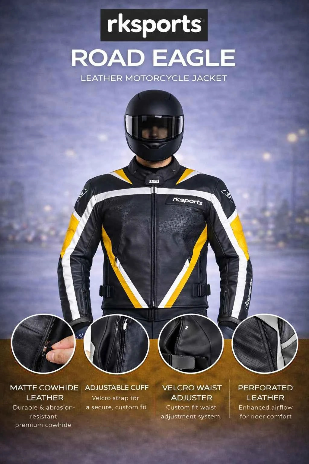 Rk Sports Road Eagle Yellow Leather Motorcycle Jacket