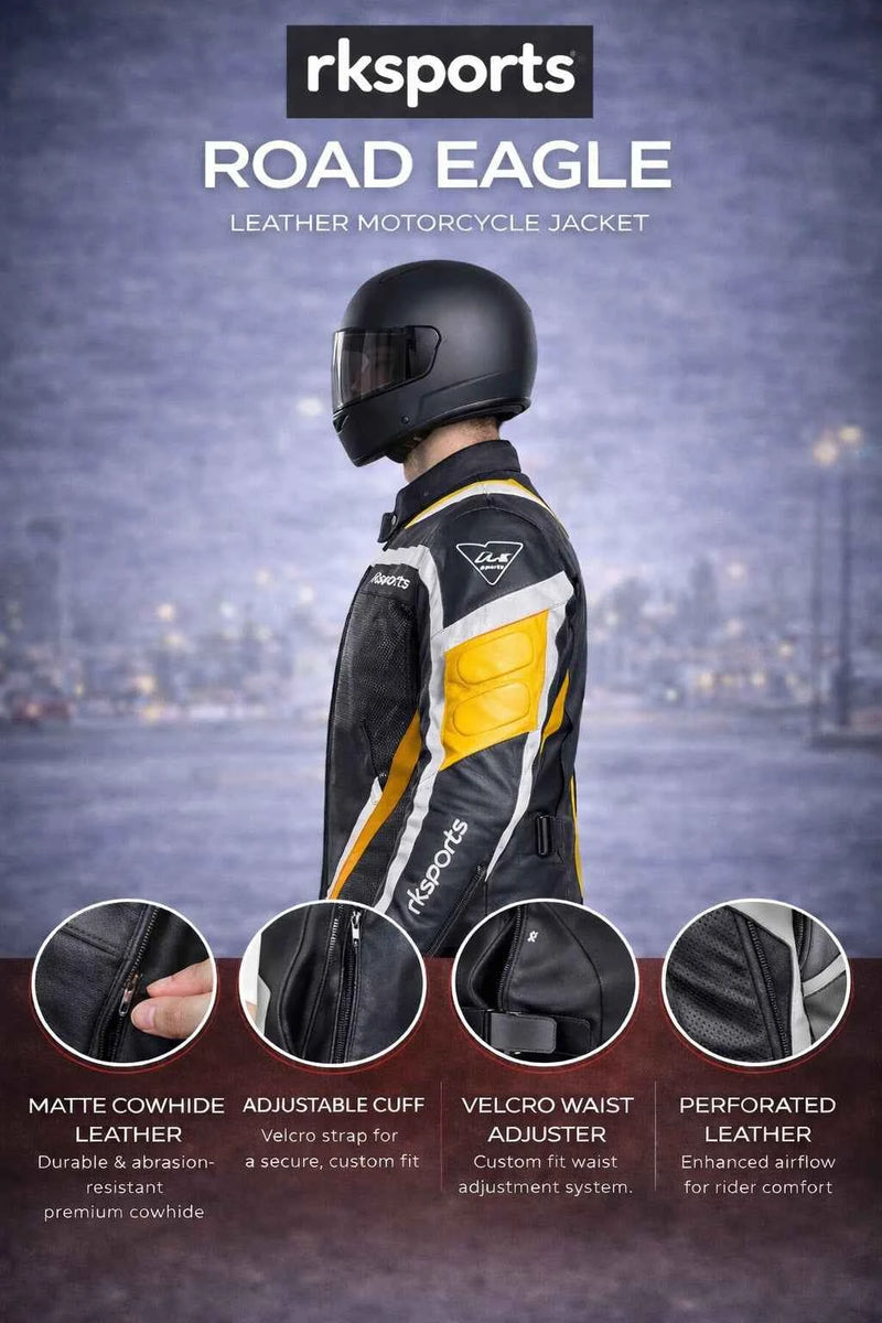 Rk Sports Road Eagle Yellow Leather Motorcycle Jacket