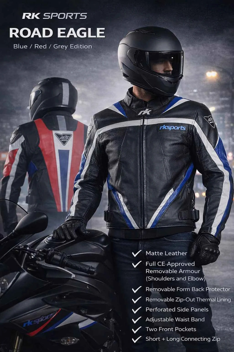 Rk Sports Road Eagle Blue Leather Motorcycle Jacket
