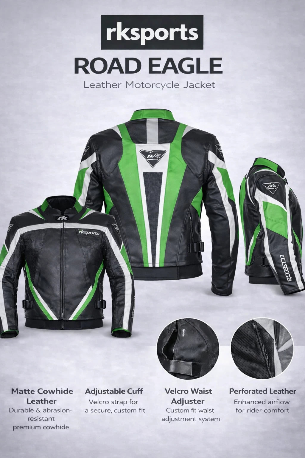 Rk Sports Road Eagle Grey Leather Motorcycle Jacket