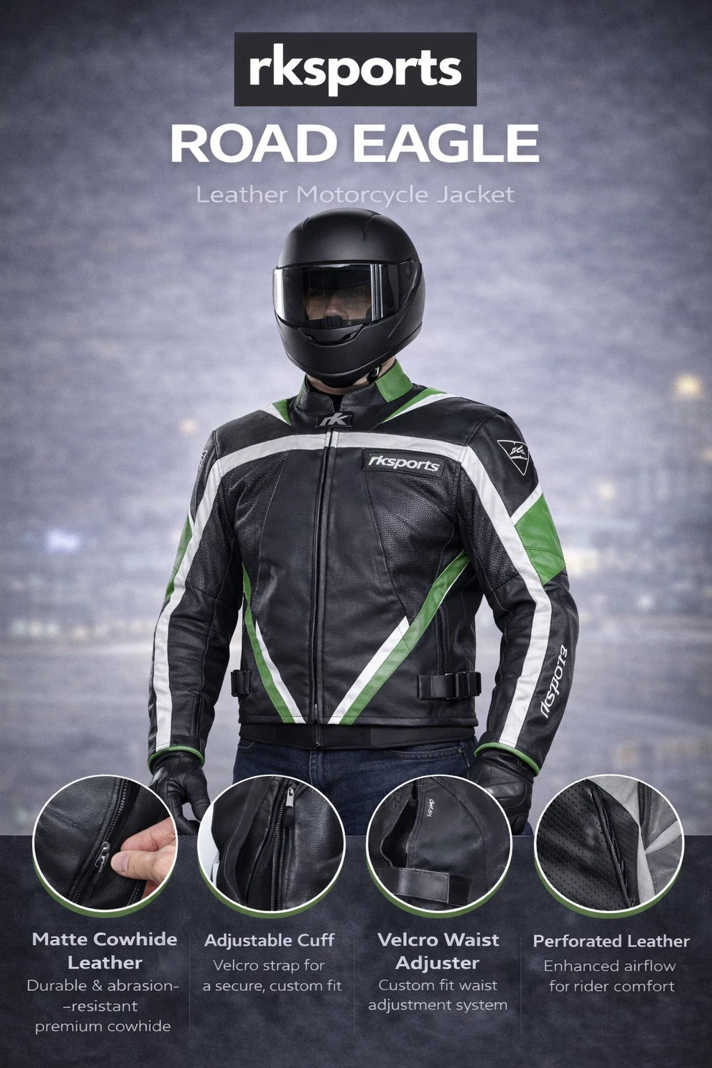Rk Sports Road Eagle Grey Leather Motorcycle Jacket