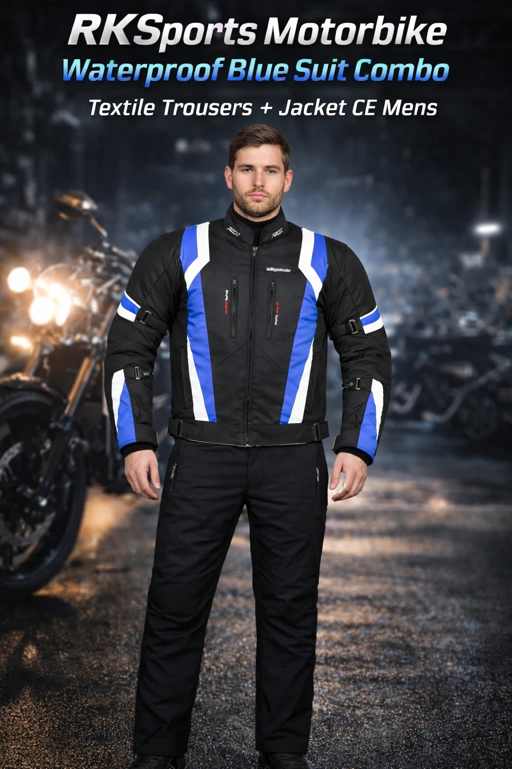RK Sports Motorbike Waterproof Blue Suit Combo Textile Trousers + Jacket CE Men's