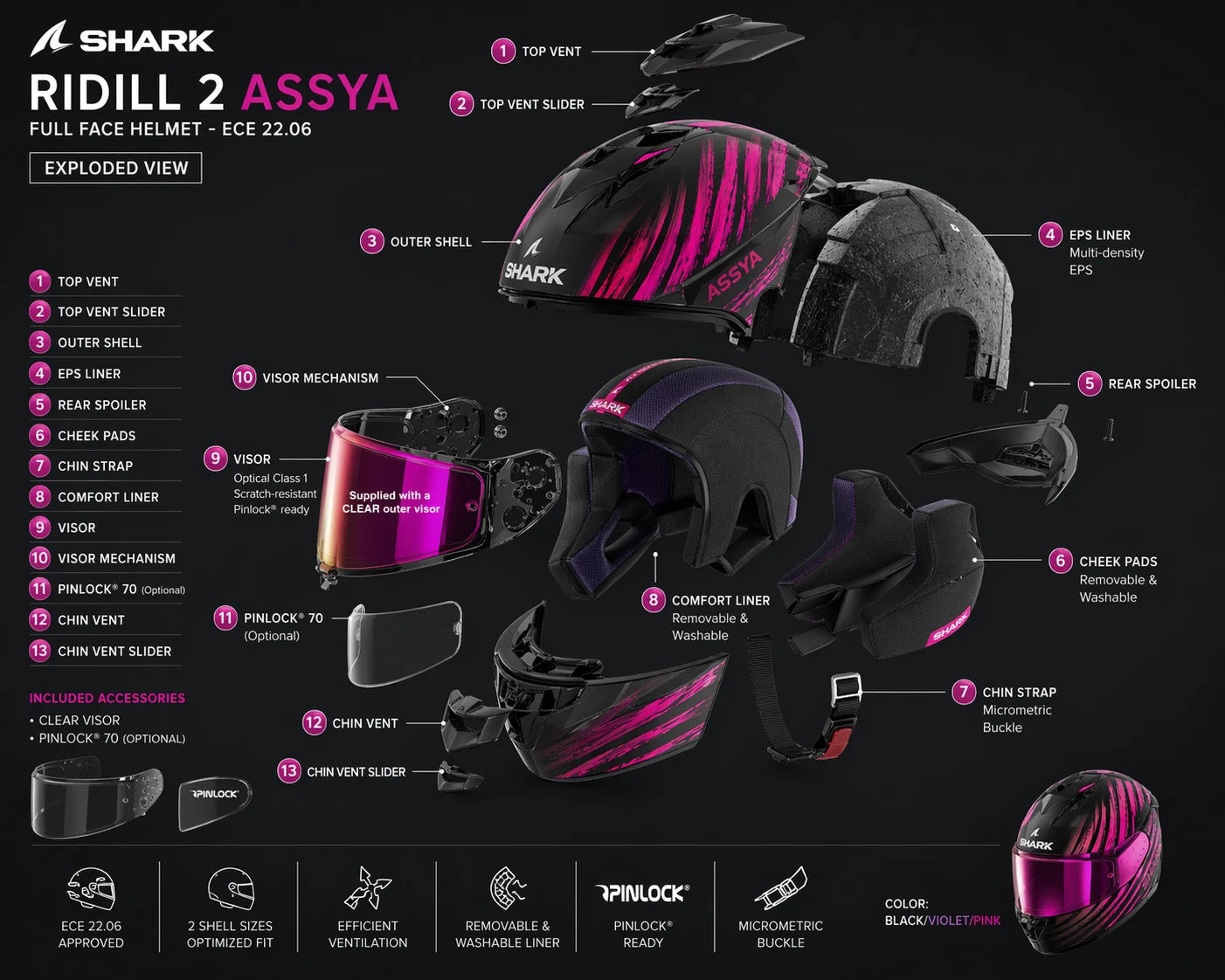Shark Ridill 2 Assya Full Face ECE2206 Motorcycle Helmet (Black/Violet/Pink)