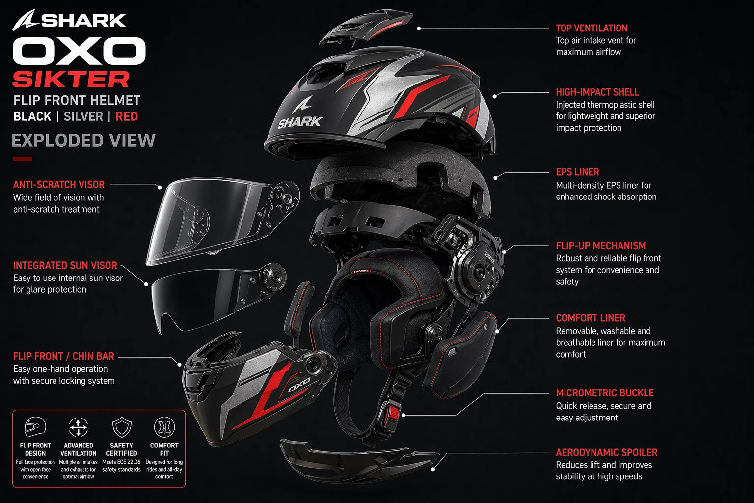 Shark OXO Sikter Flip Front Helmet (Black|Silver|Red)