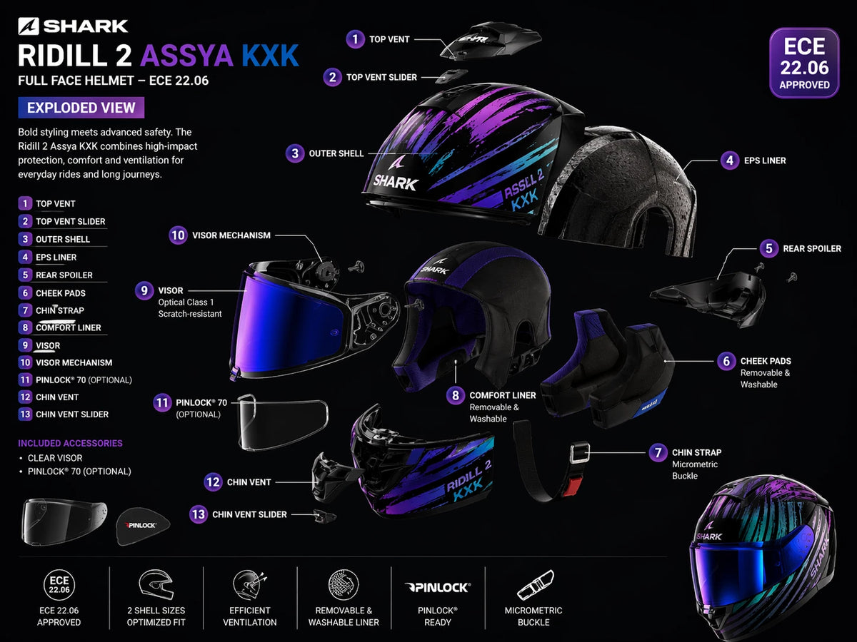 Shark Ridill 2 Assya Motorcycle Motorbike Full Face Helmet Purple Black Blue KXK