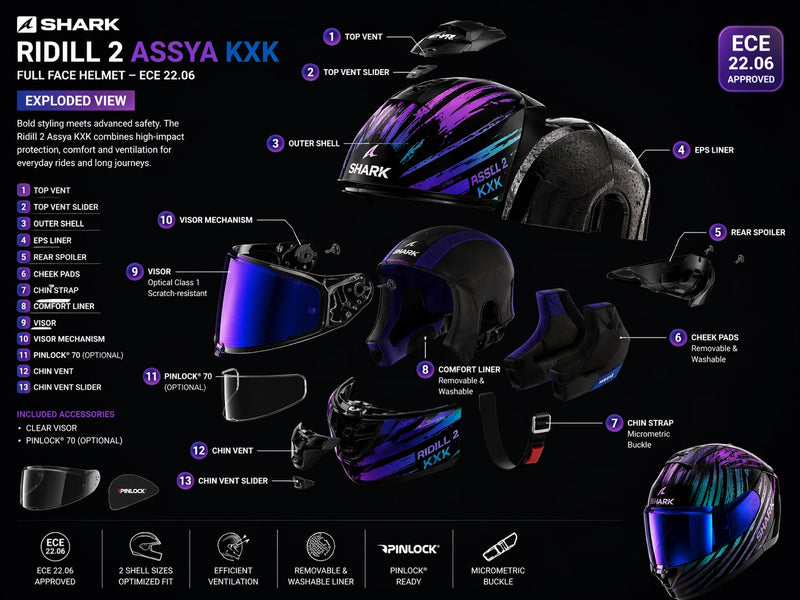 Shark Ridill 2 Assya Motorcycle Motorbike Full Face Helmet Purple Black Blue KXK