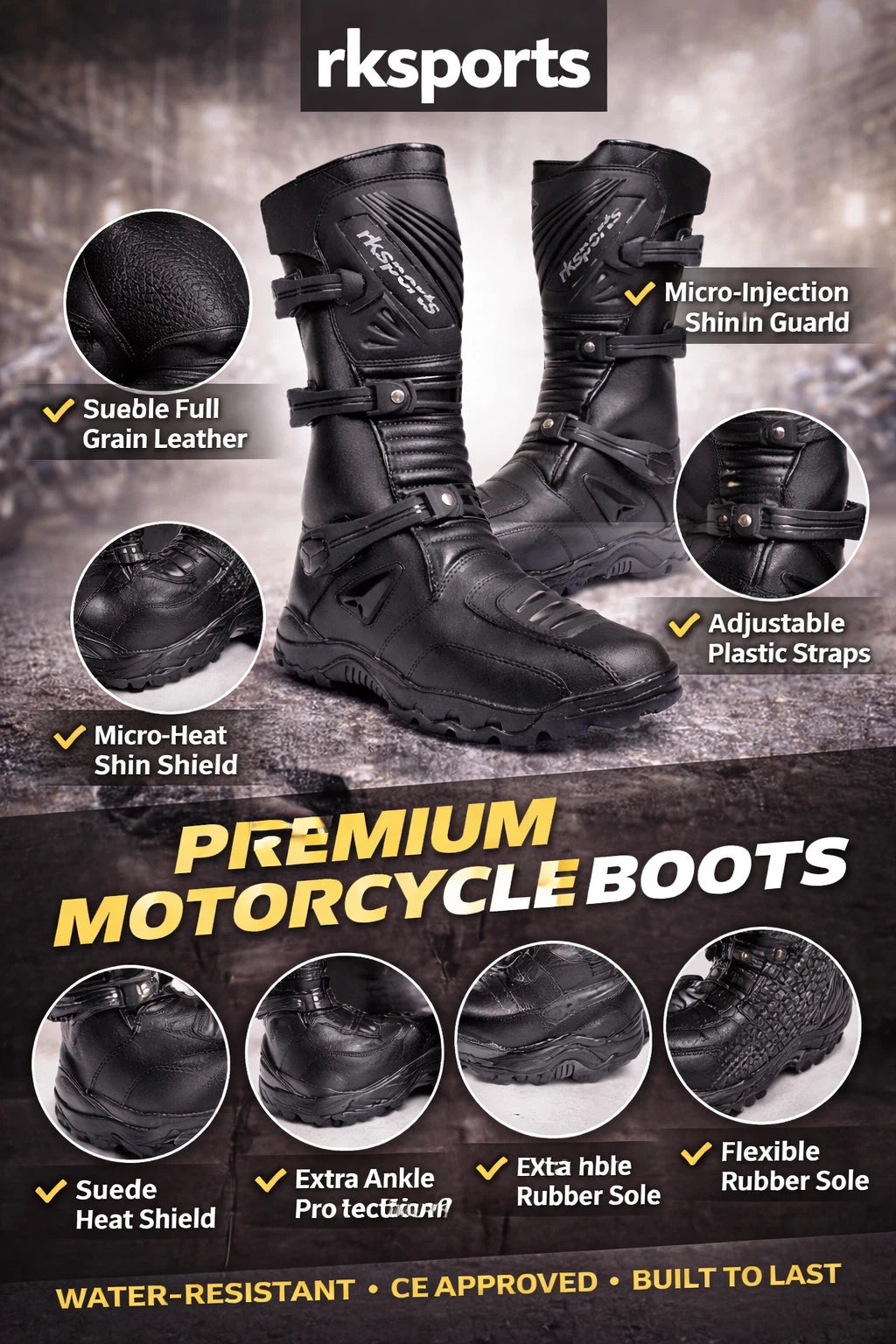RKSPORTS MENS MOTORCYCLE MOTORBIKE RK-16 ADVENTURE BLACK LEATHER BOOTS