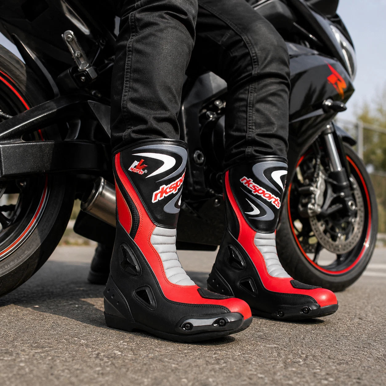 LV14 Motorcycle Motorbike Red Leather Water resistant Winter Race Boots