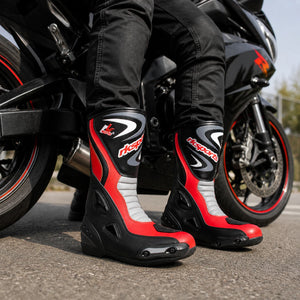 LV14 Motorcycle Motorbike Red Leather Water resistant Winter Race Boots