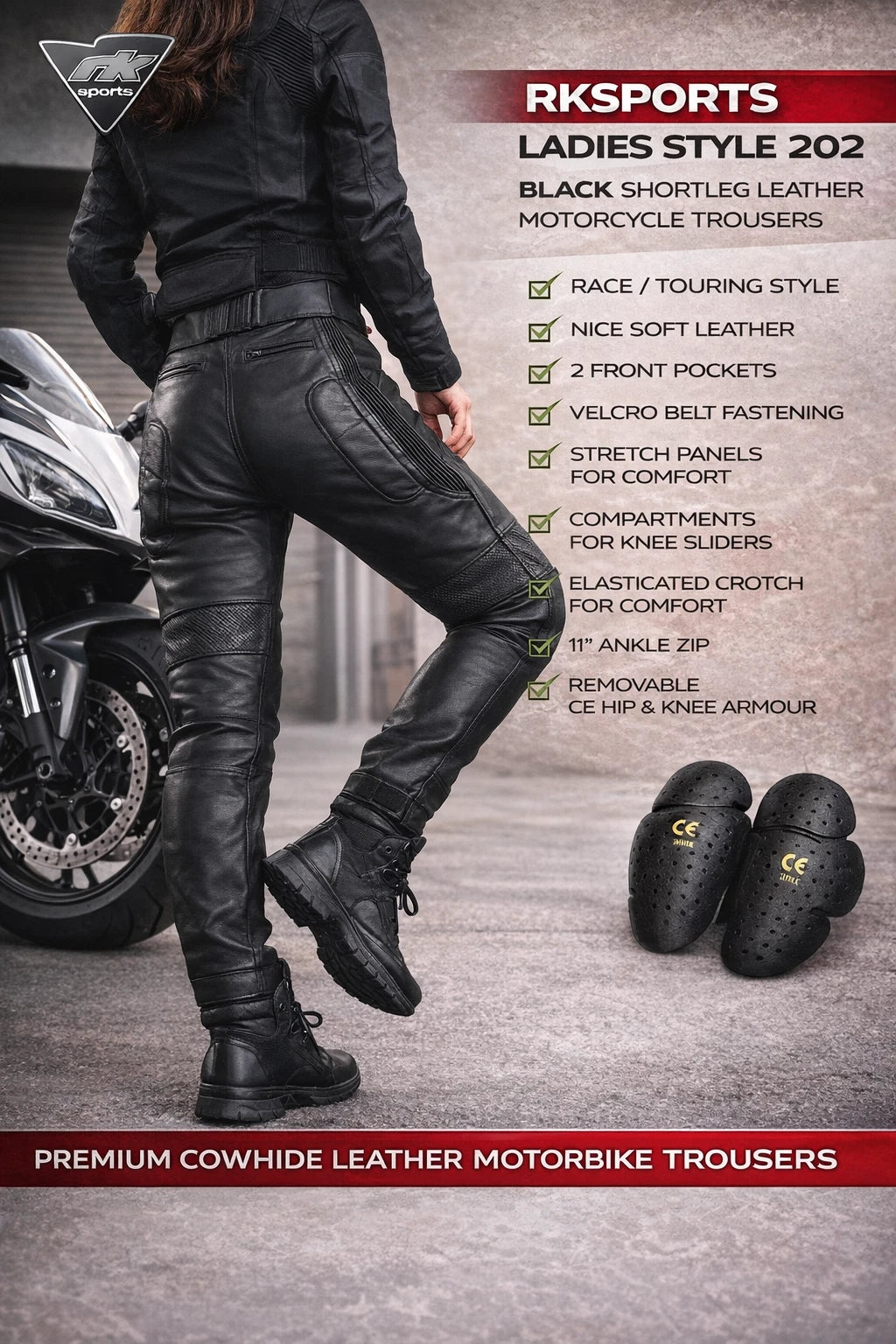 rksports Leather Style 202 Shortleg Cowhide Motorcycle Trousers