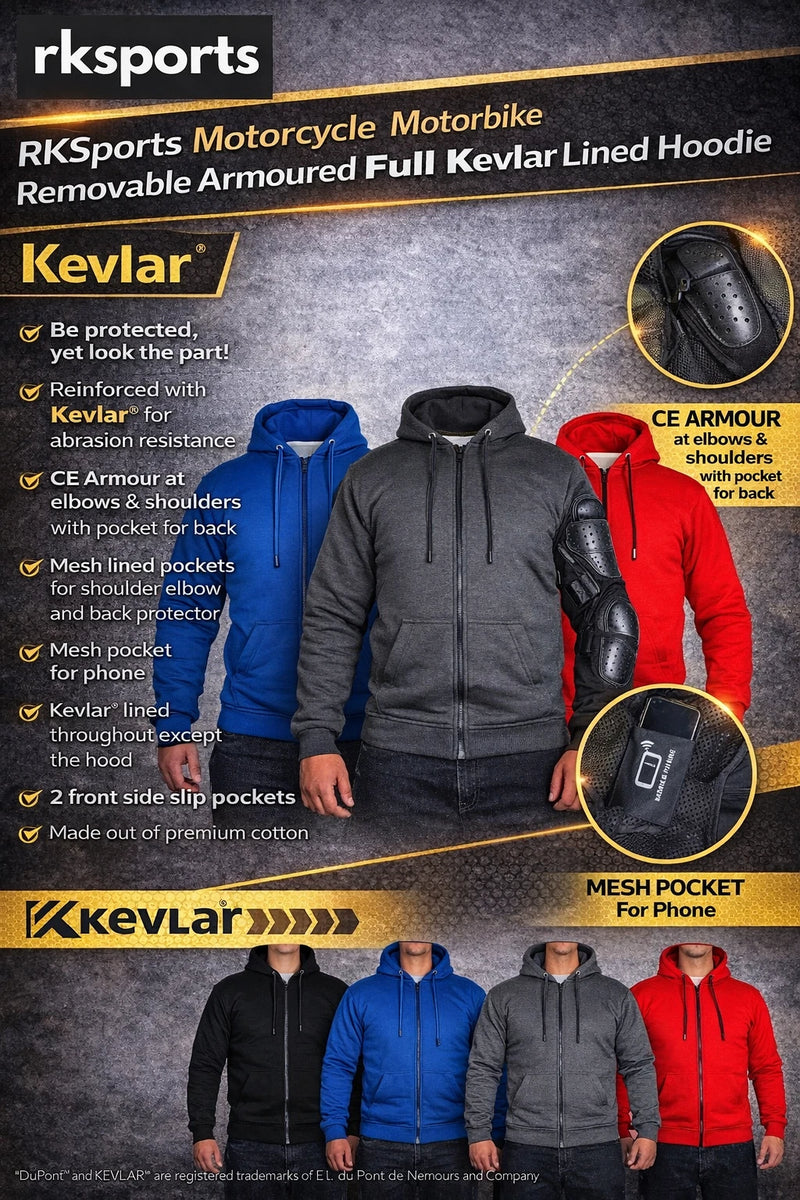 RKsports Motorcycle Motorbike Removable Armoured Full Kevlar Lined Hoodie