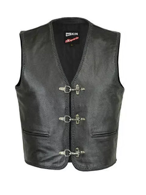 Men’s Biker Leather Vest – Black Motorcycle Waistcoat Cowhide Split Buckle Lace