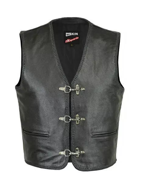 Men’s Biker Leather Vest – Black Motorcycle Waistcoat Cowhide Split Buckle Lace