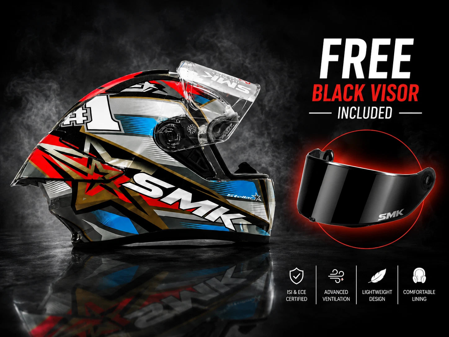 SMK STELLAR SPORT UNO GL657 MOTORCYCLE HELMET BLUE RED GREY - FREE DARK VISOR