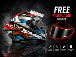 SMK STELLAR SPORT UNO GL657 MOTORCYCLE HELMET BLUE RED GREY - FREE DARK VISOR