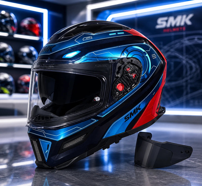 SMK STELLAR SPORT UNO GL657 MOTORCYCLE HELMET BLUE RED GREY - FREE DARK VISOR
