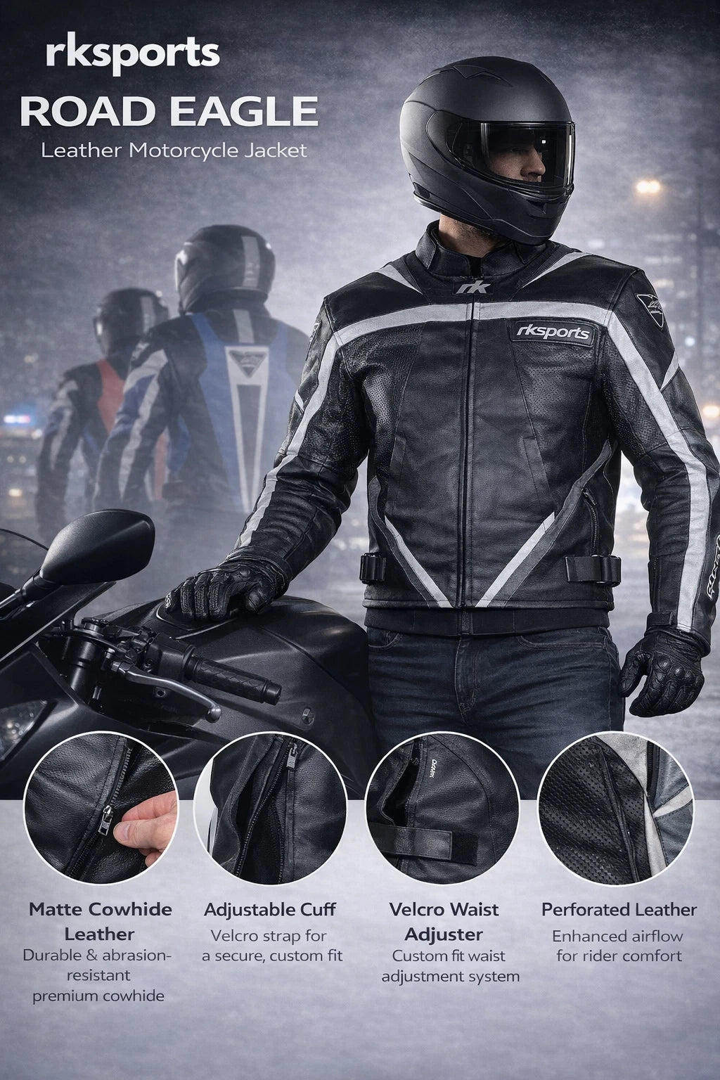 Rk Sports Road Eagle Grey Leather Motorcycle Jacket