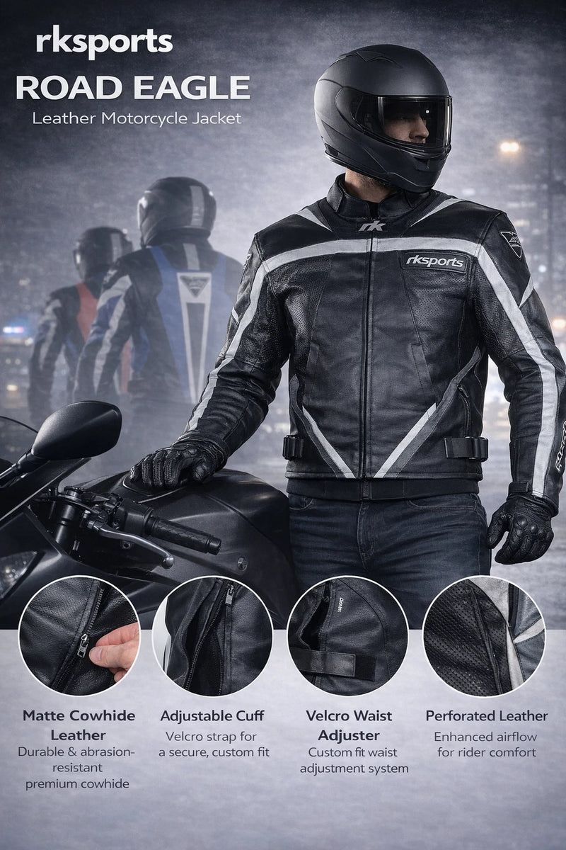 Rk Sports Road Eagle Grey Leather Motorcycle Jacket