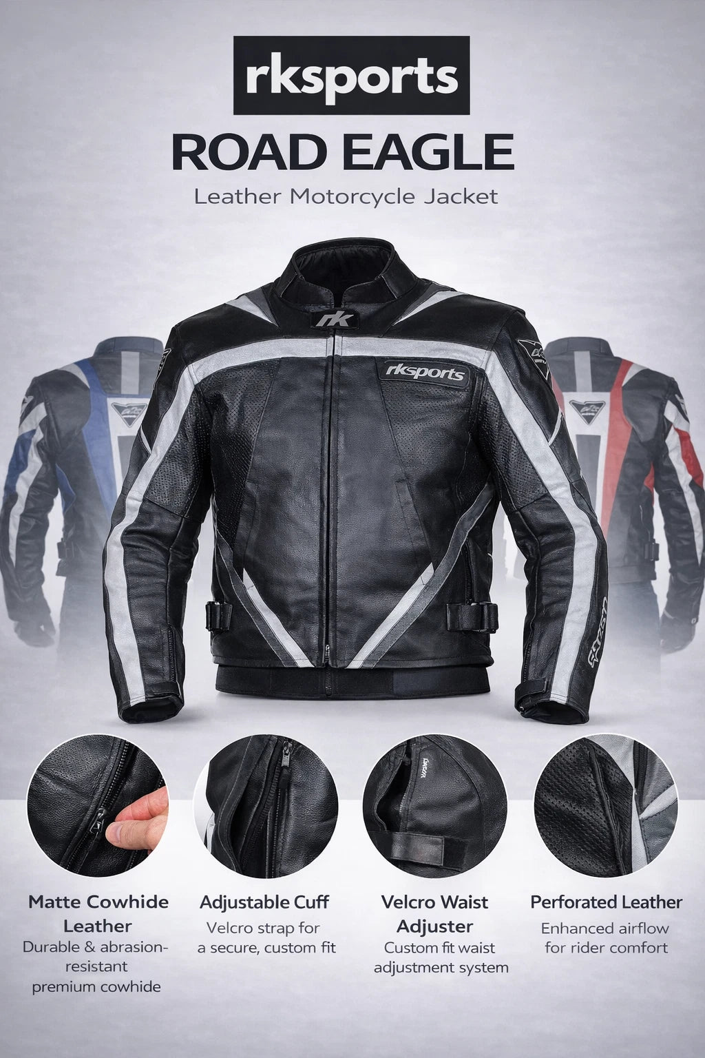 Rk Sports Road Eagle Grey Leather Motorcycle Jacket