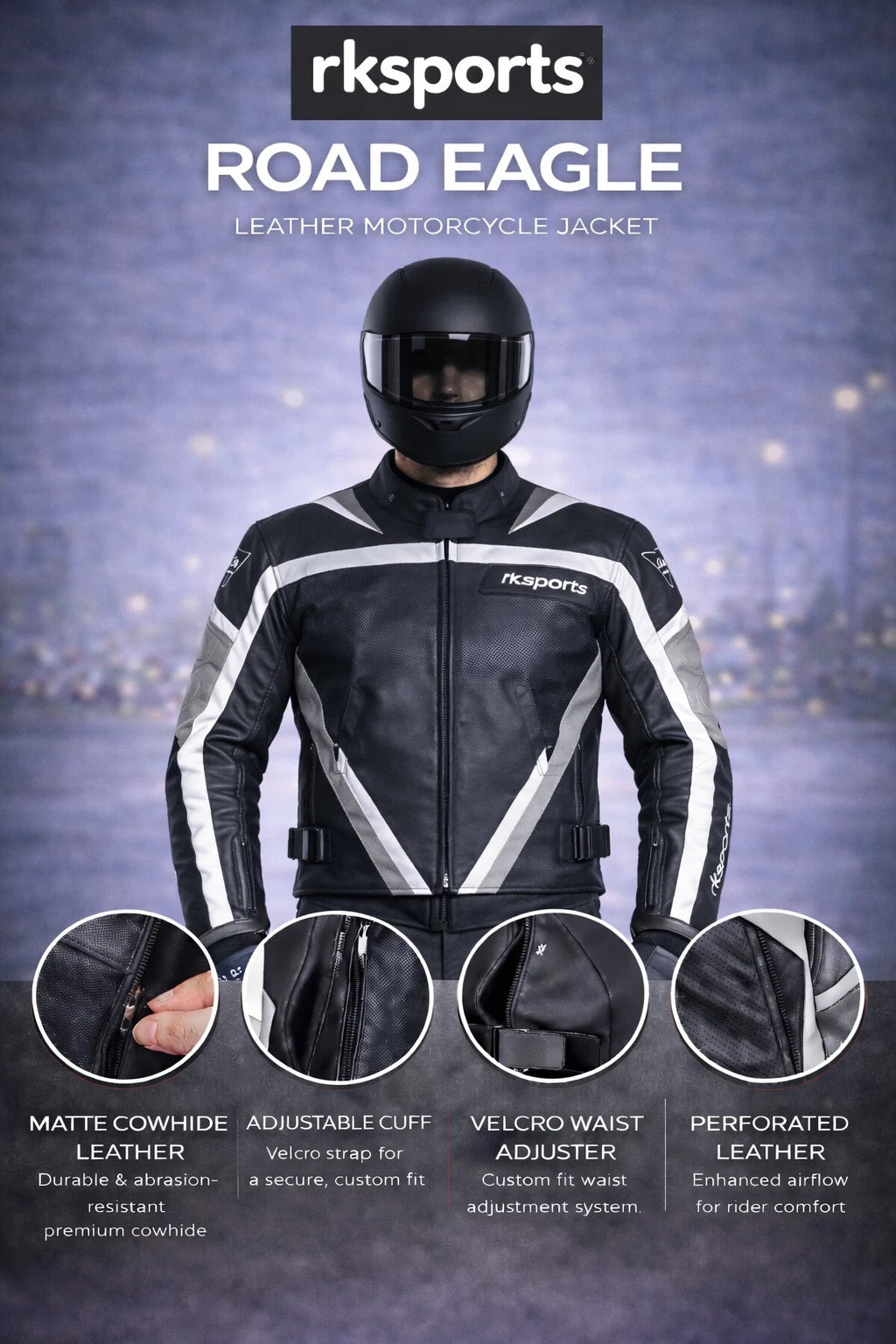 Rk Sports Road Eagle Grey Leather Motorcycle Jacket
