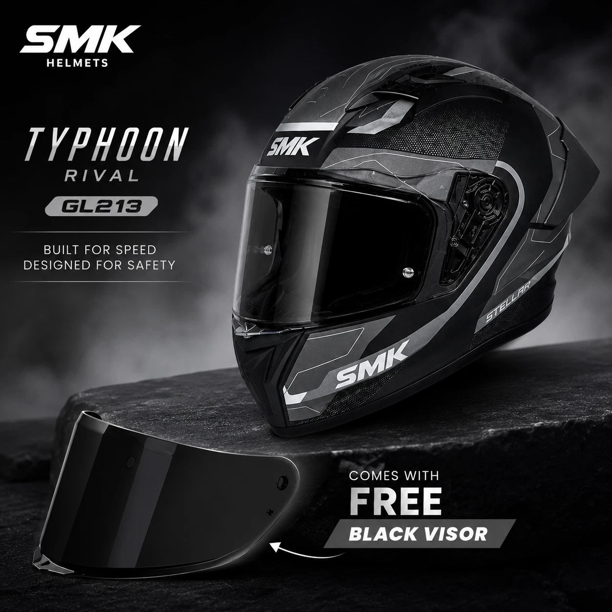 SMK Typhoon Rival GL213 Full Face Motorcycle Helmet with Free Black Visor – ECE