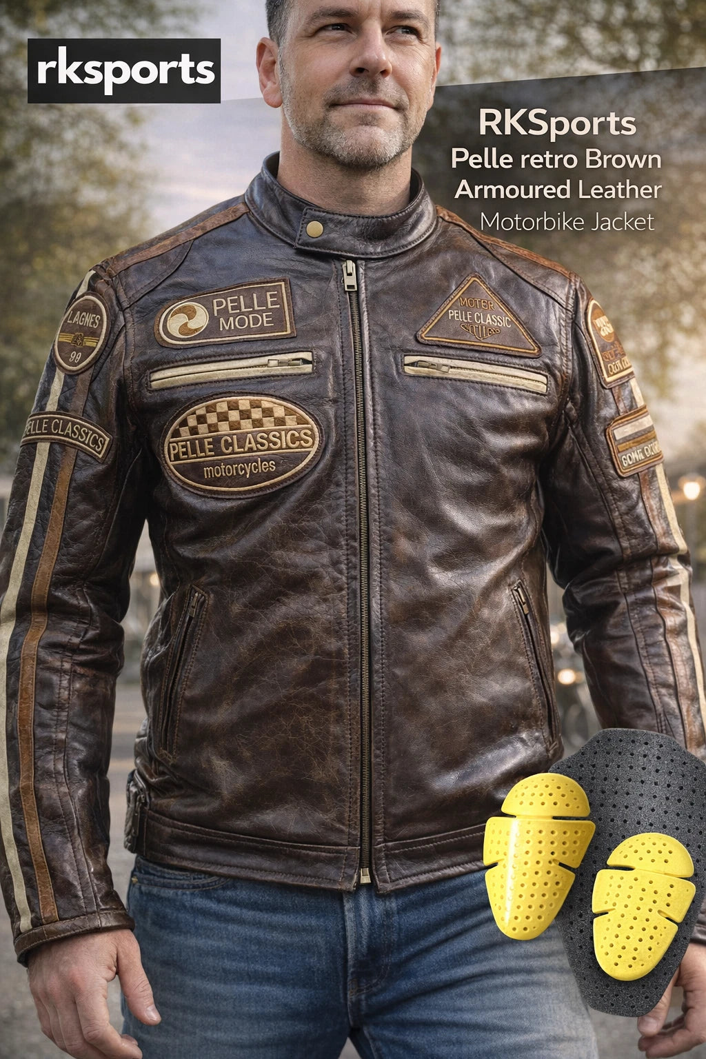 RKSports Pelle retro Brown Armoured Leather Motorbike Jacket