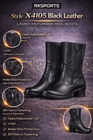 RK Sports X4105 Black Leather Motorbike Motorcycle Bike Ladies Women Heel Boots