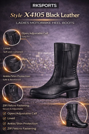RK Sports X4105 Black Leather Motorbike Motorcycle Bike Ladies Women Heel Boots