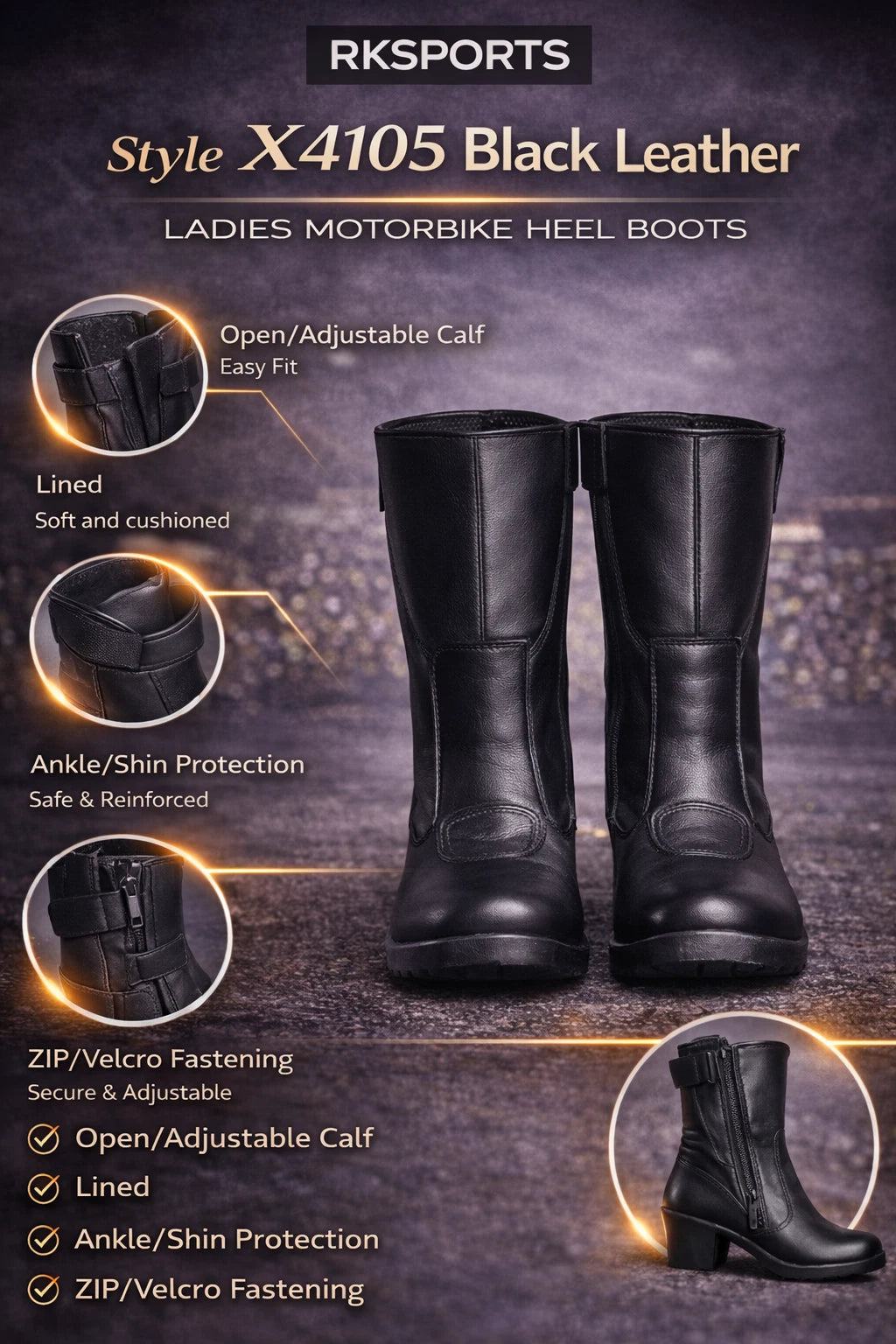 RK Sports X4105 Black Leather Motorbike Motorcycle Bike Ladies Women Heel Boots