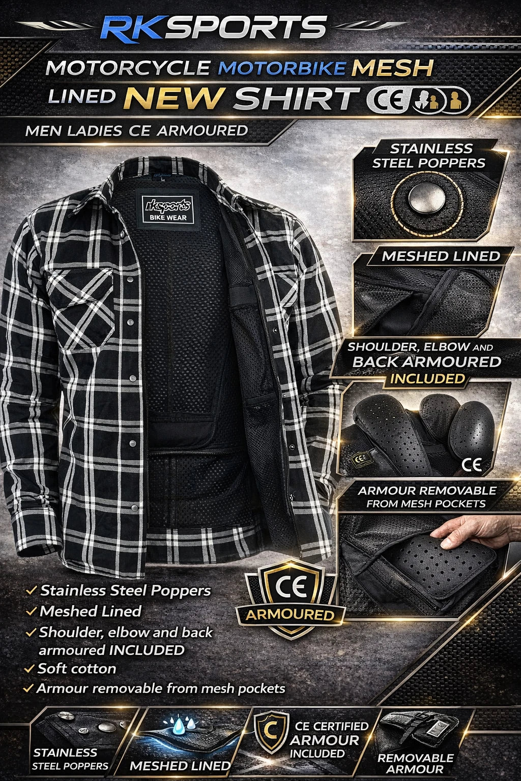 RKsports Motorcycle Motorbike Mesh OLD Lined New Shirt Men Ladies CE Armoured
