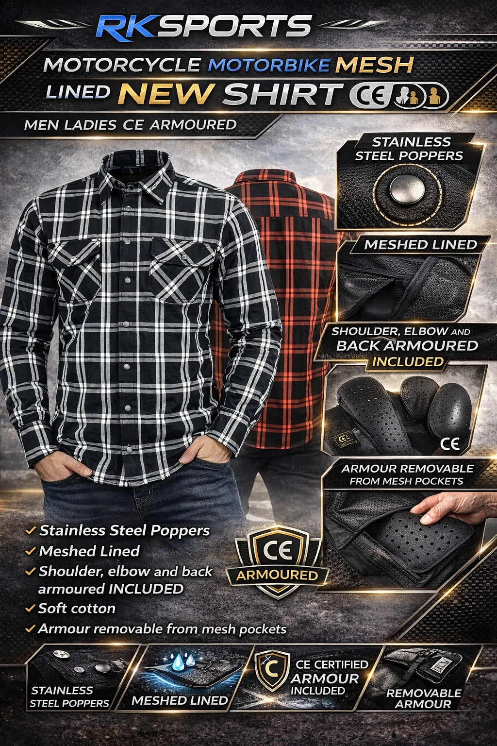 RKsports Motorcycle Motorbike Mesh OLD Lined New Shirt Men Ladies CE Armoured