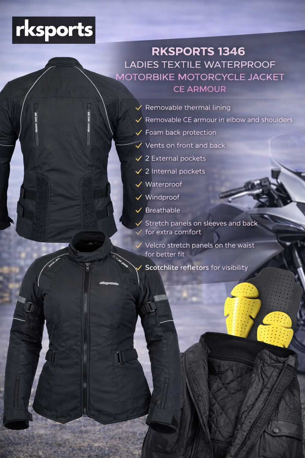 RKSports 1346 LADIES TEXTILE WATERPROOF MOTORBIKE MOTORCYCLE JACKET CE ARMOUR