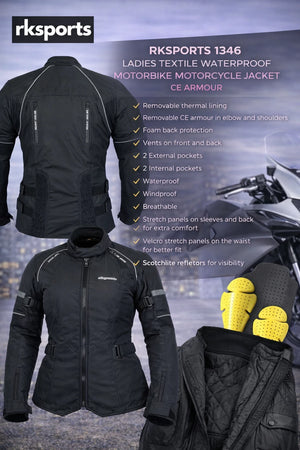 RKSports 1346 LADIES TEXTILE WATERPROOF MOTORBIKE MOTORCYCLE JACKET CE ARMOUR