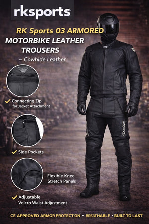 RK Sports 03 Armored Motorbike Leather Trousers –  Cowhide Leather
